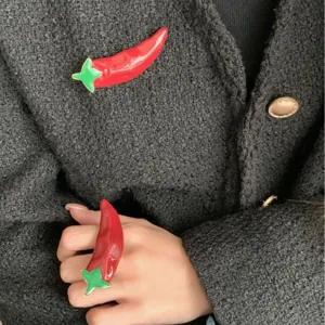 Red chili enamel brooch ring set, sweet cool dopamine style jewelry, exaggerated personality.