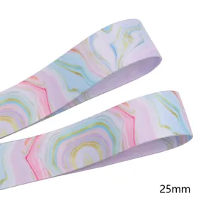 25mm double-sided marble printed ribbon, colorful abstract pattern grosgrain ribbon detail.