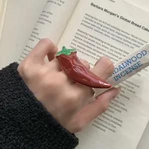 Bold red chili pepper statement ring, dopamine style enamel design for women and girls.