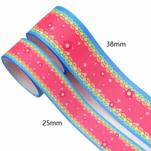 Kleurrijke warmteoverdracht grosgrain lint met schattig kantpatroon, 38mm en 25mm DIY naaikunst.
