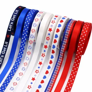 10mm patriotic grosgrain ribbon rolls with stars, hearts, and red white blue designs.