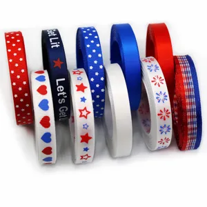 Close-up detail of patriotic 4th of July themed ribbons featuring red white and blue patterns.
