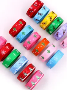 16mm Christmas ribbon with tree and snowflake patterns for holiday gift wrapping and decor detail.