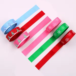 16mm Christmas ribbon with trees and snowflakes, perfect for holiday gift wrapping and decor.