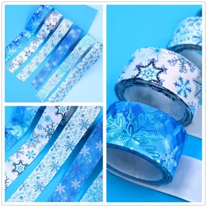 25mm blue snowflake grosgrain ribbon for hair bows DIY gift wrapping holiday decor