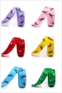 16mm Christmas printed ribbon with cute bear and snowflake pattern for holiday gift packaging.