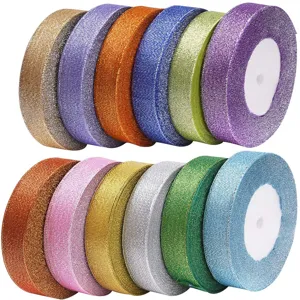 Colorful glitter ribbon rolls for DIY hair accessories, sewing garment trims and gift wrapping.