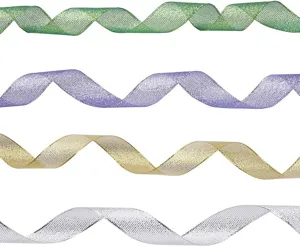 Shiny metallic ribbon detail view, sparkly tinsel webbing for DIY bows and garment accessories.