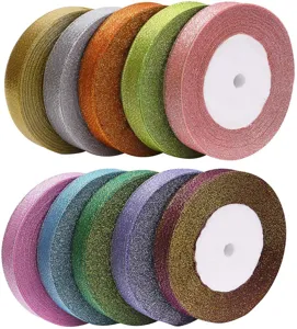 Sparkling 15mm glitter velvet metallic ribbon rolls for DIY hair bows and craft decoration.