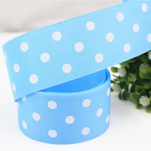 Dettaglio nastro gros-grain a pois blu da 38mm, ideale per confezioni regalo e fiocchi capelli.