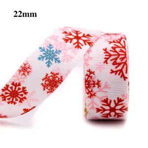 Detail de ruban de noel avec flocons, ruban en tissu blanc de 22mm pour emballage-cadeau.