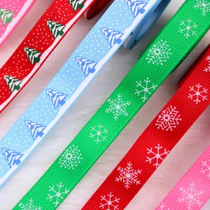 16mm Christmas grosgrain ribbon with tree and snowflake patterns for gift wrapping and decor