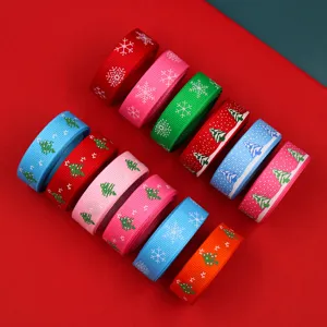 16mm Christmas ribbon with trees and snowflakes for holiday gift packaging and decoration.