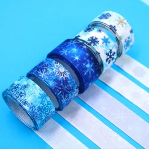 25mm Christmas snowflake grosgrain ribbon for DIY hair bows, gift wrapping and holiday decor.