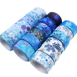 25mm blue snowflake grosgrain ribbon for hair bows DIY crafts gift wrapping holiday decor.