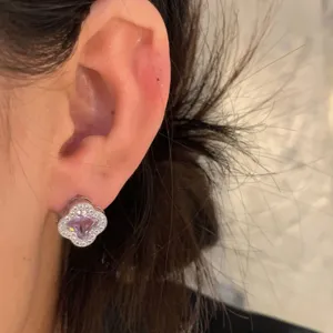 Purple zircon four-leaf clover ear studs, chic minimalist daily commuter metal earrings.