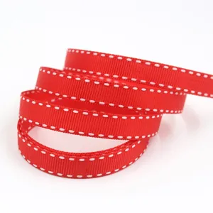 Nastro grosgrain rosso con linee tratteggiate bianche, nastro da regalo DIY largo 1cm.