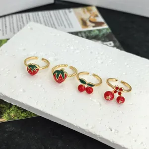 Sweet Fruit Enamel Copper Open Ring Adjustable Strawberry Cherry Twist Band Ring For Women Dainty Summer Fruit Jewelry Gift