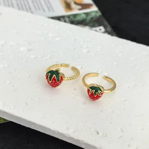Cute drip oil strawberry open ring for women, sweet fruit adjustable metal finger jewelry item.