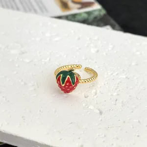 Gold-plated open ring featuring a cute red and green enamel strawberry design for sweet daily wear.