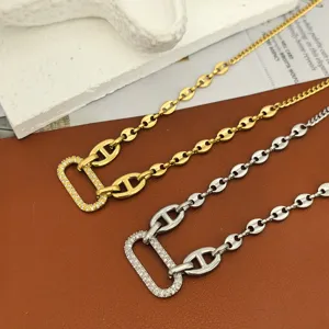 Minimalist Titanium Steel Link Chain Bracelet Necklace For Women Men Gold Silver Plated Rhinestone Anchor Chain Jewelry Set