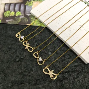Exquisite infinity zircon titanium steel necklace detail, elegant gold clavicle chain jewelry.