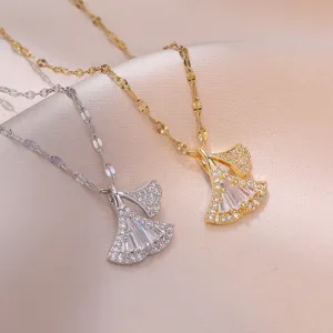 Elegant Zirconia Little Skirt Pendant Necklace Titanium Steel Ginkgo Leaf Clavicle Chain For Women Fashion Jewelry