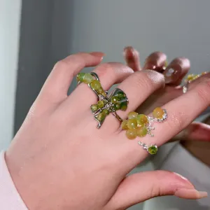 Unique design summer green raw stone handmade beaded ring for women, ins high-end lava open ring