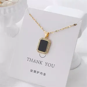 Black square zirconia pendant necklace for women, stylish minimalist clavicle chain jewelry.