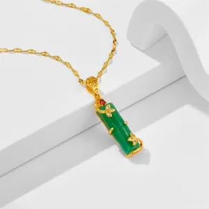 Elegant green chalcedony bamboo pendant necklace in titanium steel, minimalist design.