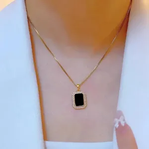 Minimalist Titanium Steel Gold Plated Copper Black Square Pendant Necklace Rhinestone Geometric Clavicle Chain For Unisex Jewelry Gift