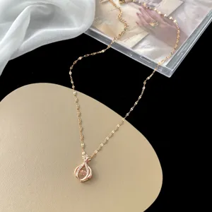 Exquisite rose gold titanium steel clavicle chain with shining zirconia pendant for women.