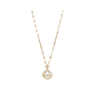 Gold titanium steel necklace with elegant pendant and shiny zircon for women daily wear.