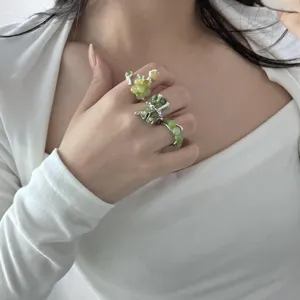 Detailed close-up of green beaded lava metal ring, unique handmade open ring design for everyday wear.