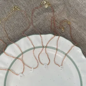 Nahaufnahme einer handgefertigten Perlenkette mit weißem Muschelbuchstaben auf Teller.