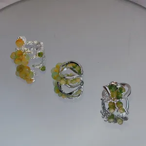 Niche design green raw stone beaded open ring, unique handmade lava style jewelry for women.