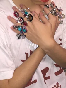 Multi-element retro beaded rings set, trendy stackable elastic finger jewelry for women.