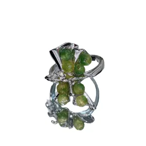 Handmade green raw stone lava open ring unique niche design silver finger ring main view
