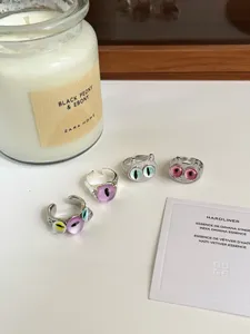 Stackable open monster cat eye rings set, cute niche design cool silver metal finger jewelry.