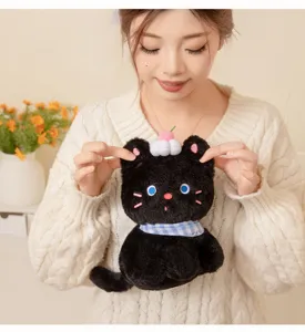 Cute black cat plush toy stuffed animal with blue scarf and cherry hat for kids gift.