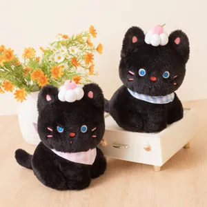 Cute Black Cat Plush Toy Stuffed Animal Soft Kitten Doll With Cream Cherry Decor And Bib Cute Pillow Gift For Kids