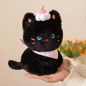 Cute black cat plush toy with cherry cream hat and pink scarf, soft doll gift for kids