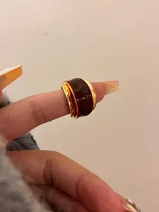 Chic chocolate brown enamel open ring, double layer gold plated stylish aesthetic finger jewelry.