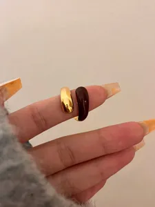 Liquid enamel double layer open ring, chic chocolate brown gold statement fashion jewelry.