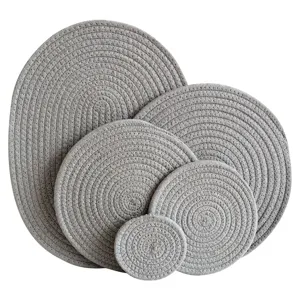 Grey cotton rope braided heat insulation mats set, durable table placemats and coasters for kitchen.
