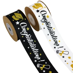 Black And White Graduation Printed Polyester Ribbon Bronzing Letter Ribbon For Gift Wrapping And Holiday Party Craft Decor