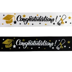 Black and white graduation ribbon 3.8cm glitter congrats gold foil ribbon for gift wrapping.