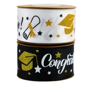 3.8cm black white glitter graduation ribbon for gift packaging and school party decor