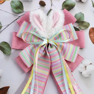 Handmade Easter Ribbon Bow With Plush Bunny Ears Pink Stripe Decorative Large Bow For Spring Wreath Home Festival Party Decoration