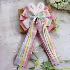 Easter bow wreath decoration handmade DIY spring festival home party decor pink striped plush rabbit ears